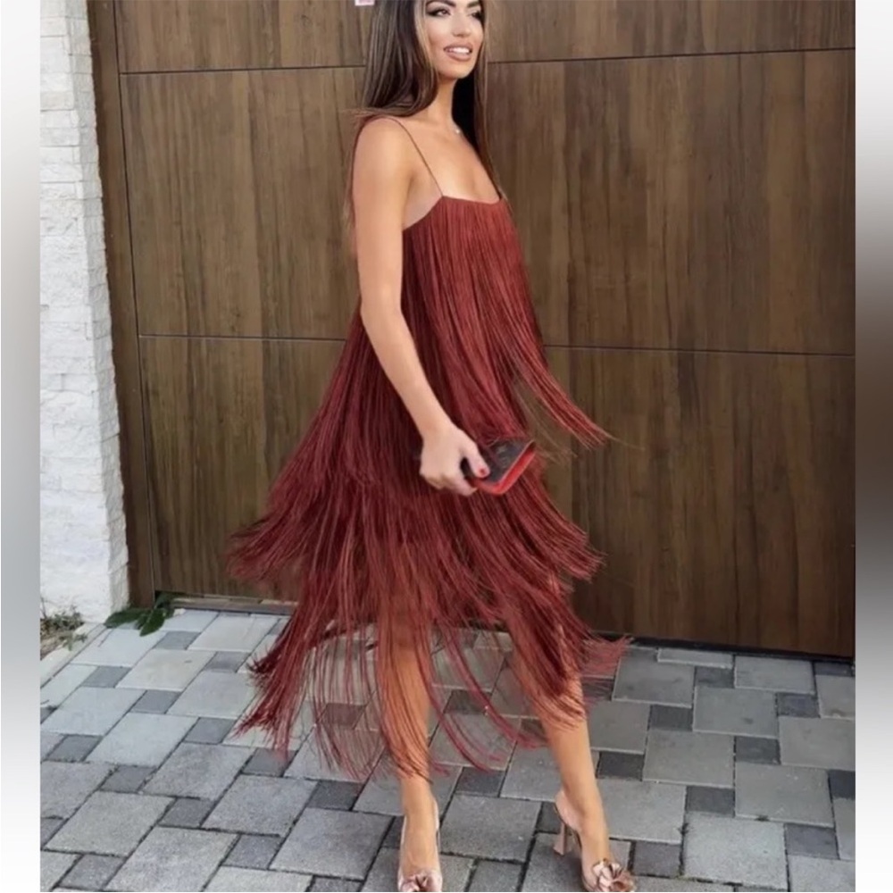 ZARA Brown Midi Fringe Dress NWT MEDIUM - Picture 9 of 11